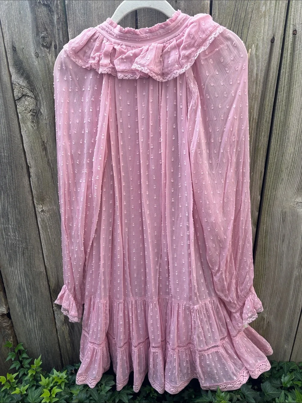 Anthropologie Pink Ruffle Swiss-Dot Long Sleeve Dress